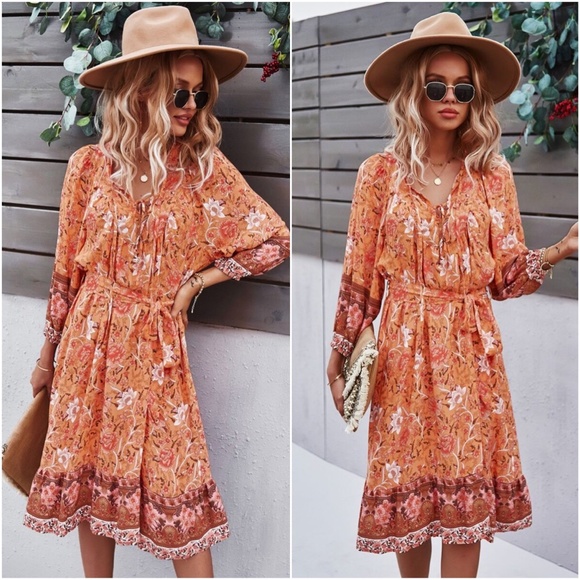boho floral print belted 3/4 sleeve dress Yellow - Picture 2 of 9